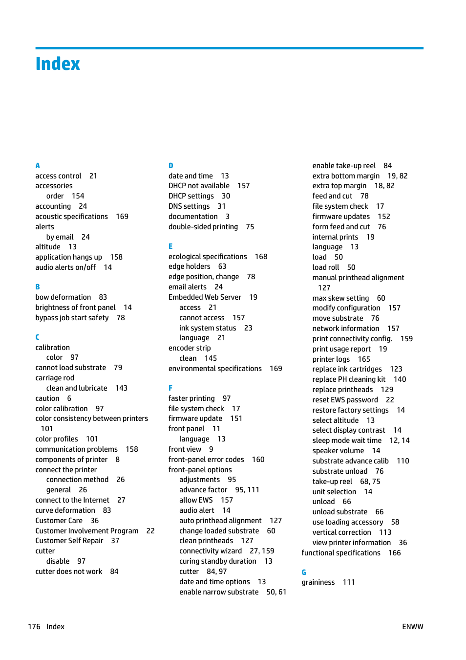 Index | HP Latex 360 Printer User Manual | Page 182 / 184