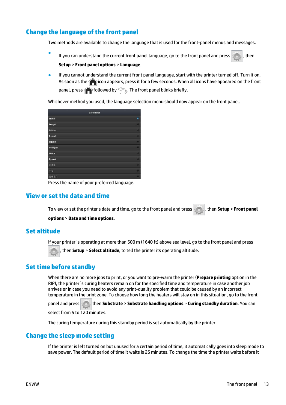 Change the language of the front panel, View or set the date and time, Set altitude | Set time before standby, Change the sleep mode setting | HP Latex 360 Printer User Manual | Page 19 / 184