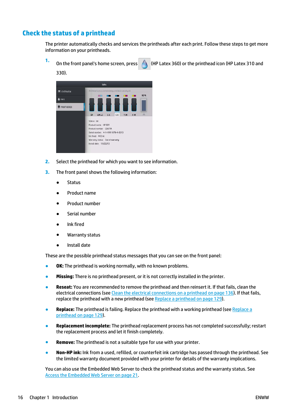 Check the status of a printhead | HP Latex 360 Printer User Manual | Page 22 / 184