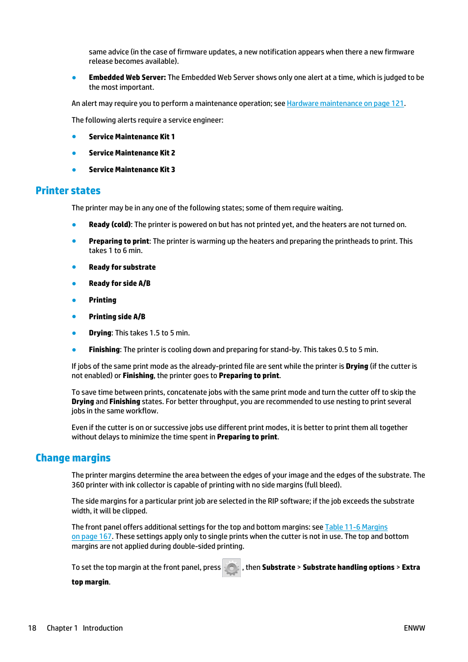 Printer states, Change margins | HP Latex 360 Printer User Manual | Page 24 / 184