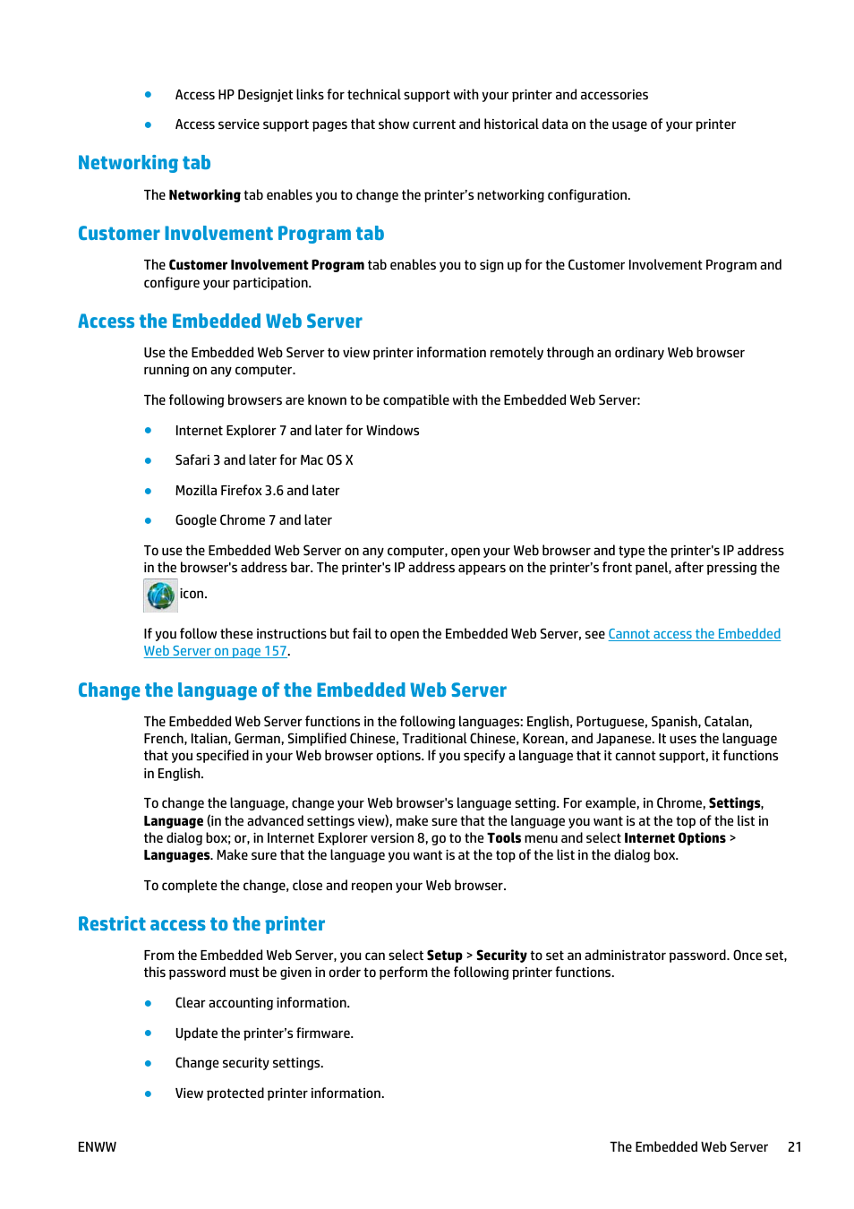 Networking tab, Customer involvement program tab, Access the embedded web server | Change the language of the embedded web server, Restrict access to the printer, Embedded web server. see, Access the embedded | HP Latex 360 Printer User Manual | Page 27 / 184