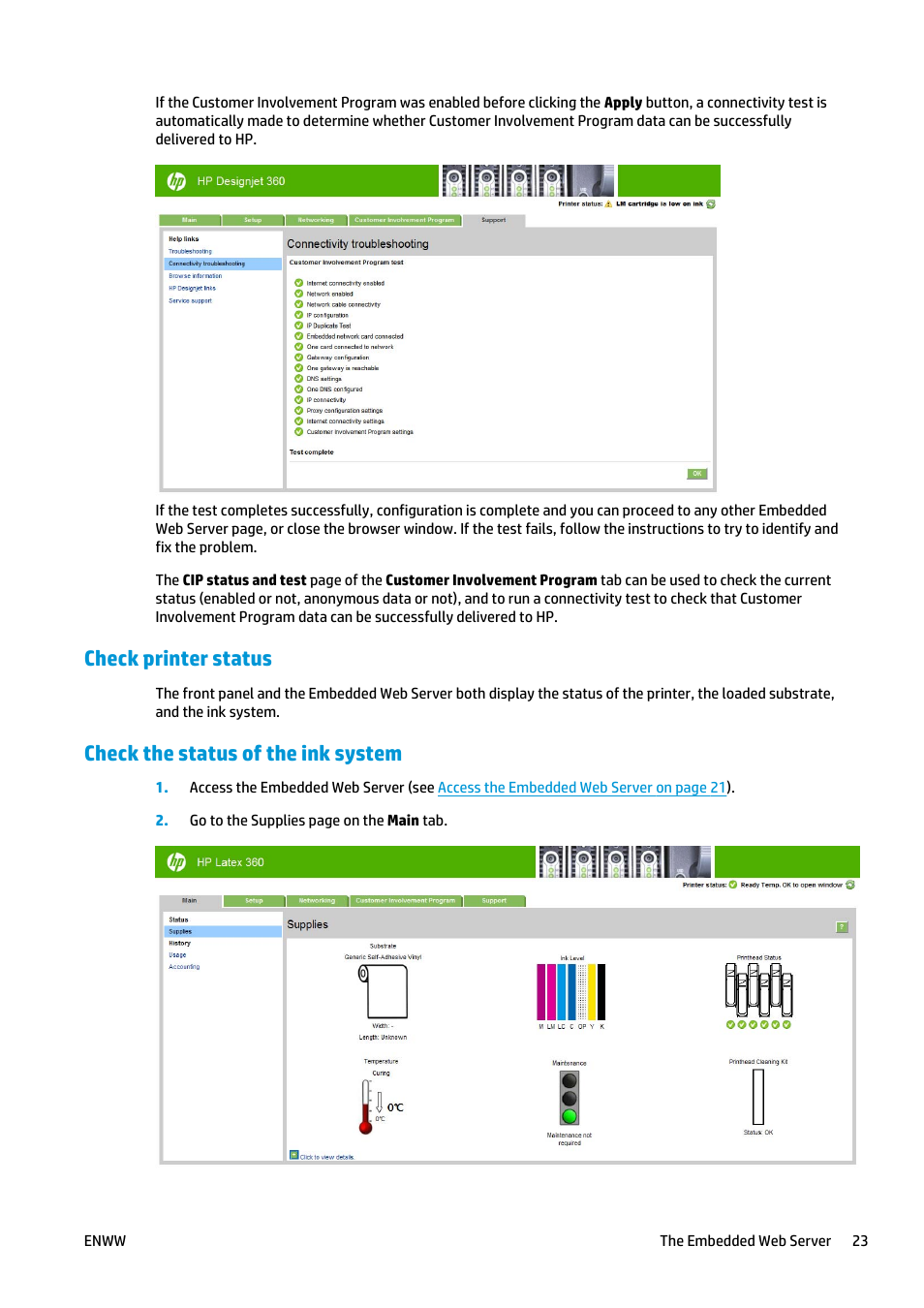 Check printer status, Check the status of the ink system | HP Latex 360 Printer User Manual | Page 29 / 184