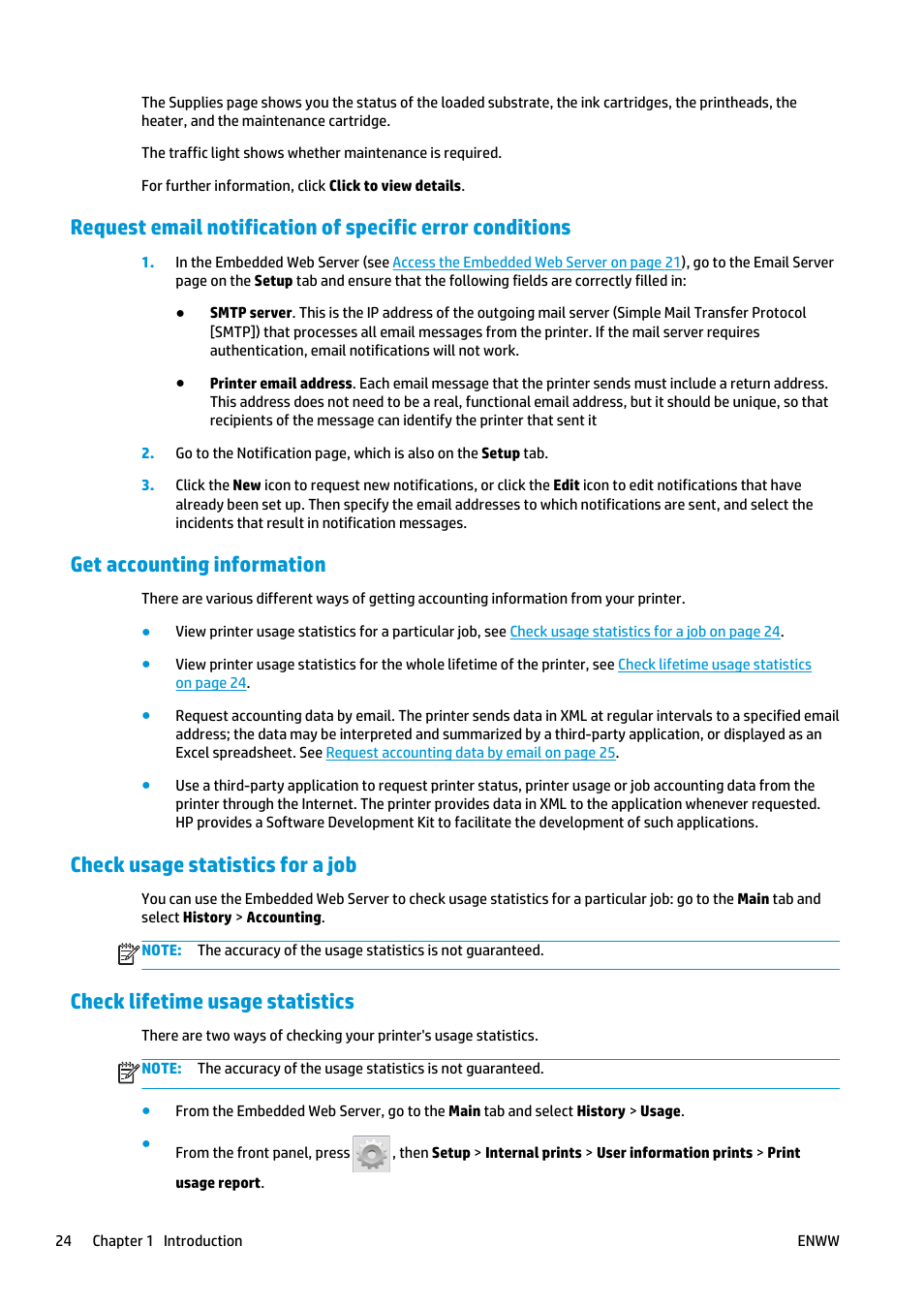 Get accounting information, Check usage statistics for a job, Check lifetime usage statistics | HP Latex 360 Printer User Manual | Page 30 / 184