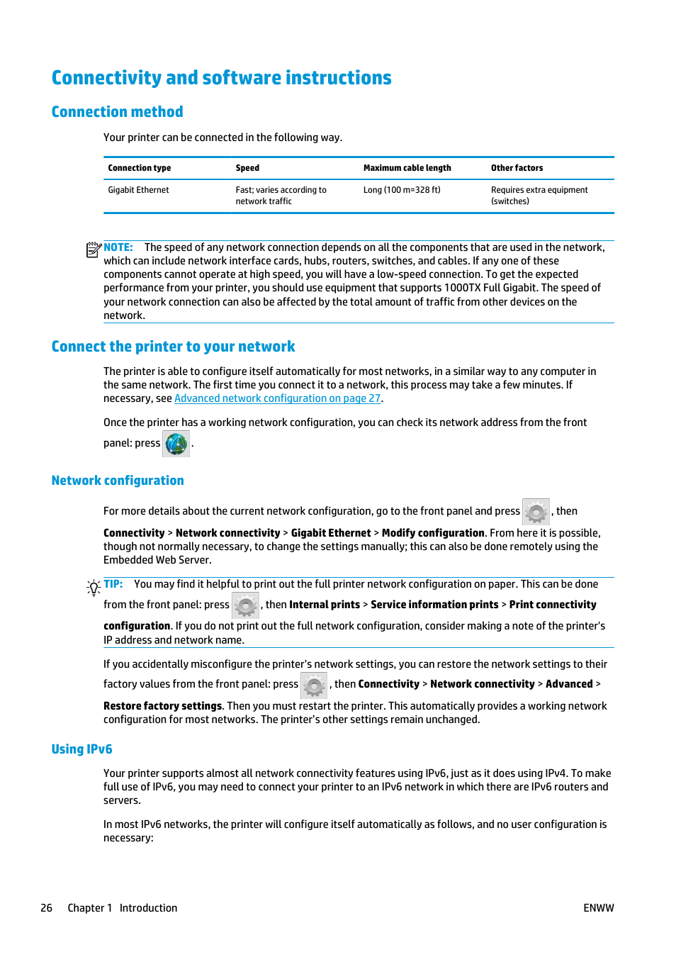 Connectivity and software instructions, Connection method, Connect the printer to your network | Network configuration, Using ipv6 | HP Latex 360 Printer User Manual | Page 32 / 184