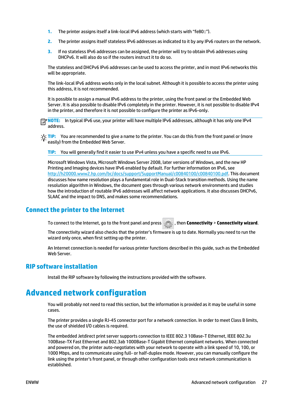 Connect the printer to the internet, Rip software installation, Advanced network configuration | HP Latex 360 Printer User Manual | Page 33 / 184