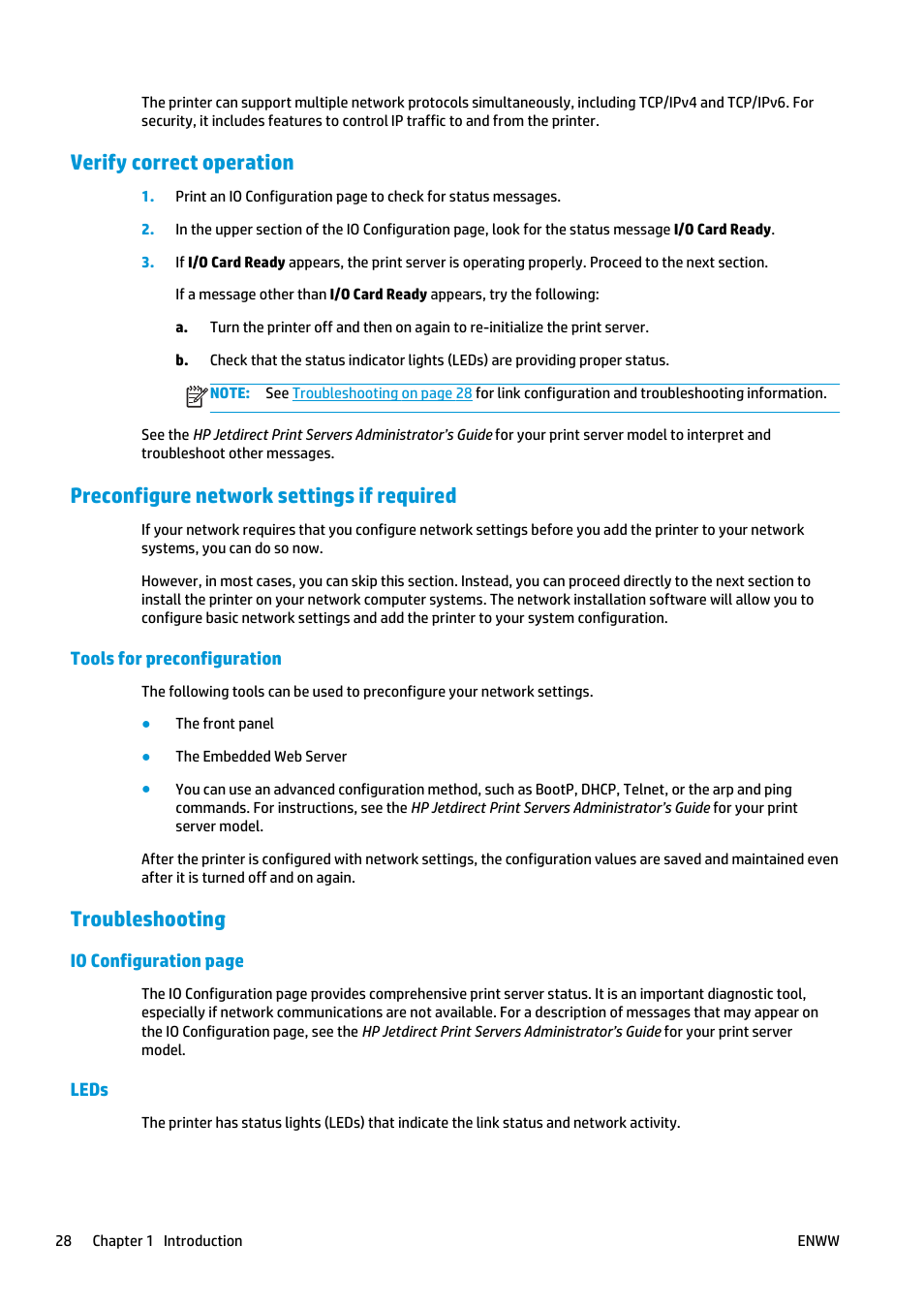 Verify correct operation, Preconfigure network settings if required, Tools for preconfiguration | Troubleshooting, Leds | HP Latex 360 Printer User Manual | Page 34 / 184