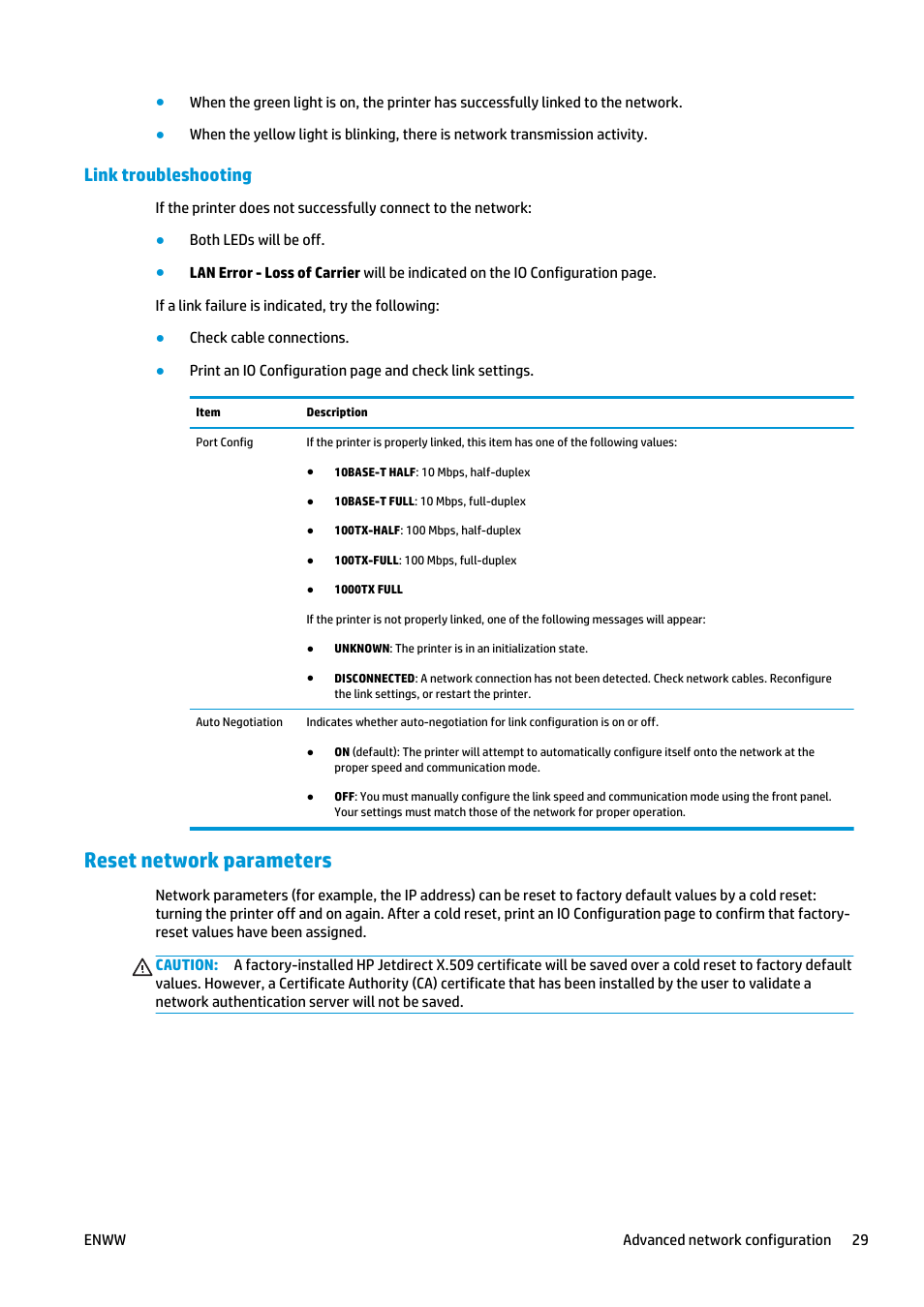 Link troubleshooting, Reset network parameters | HP Latex 360 Printer User Manual | Page 35 / 184