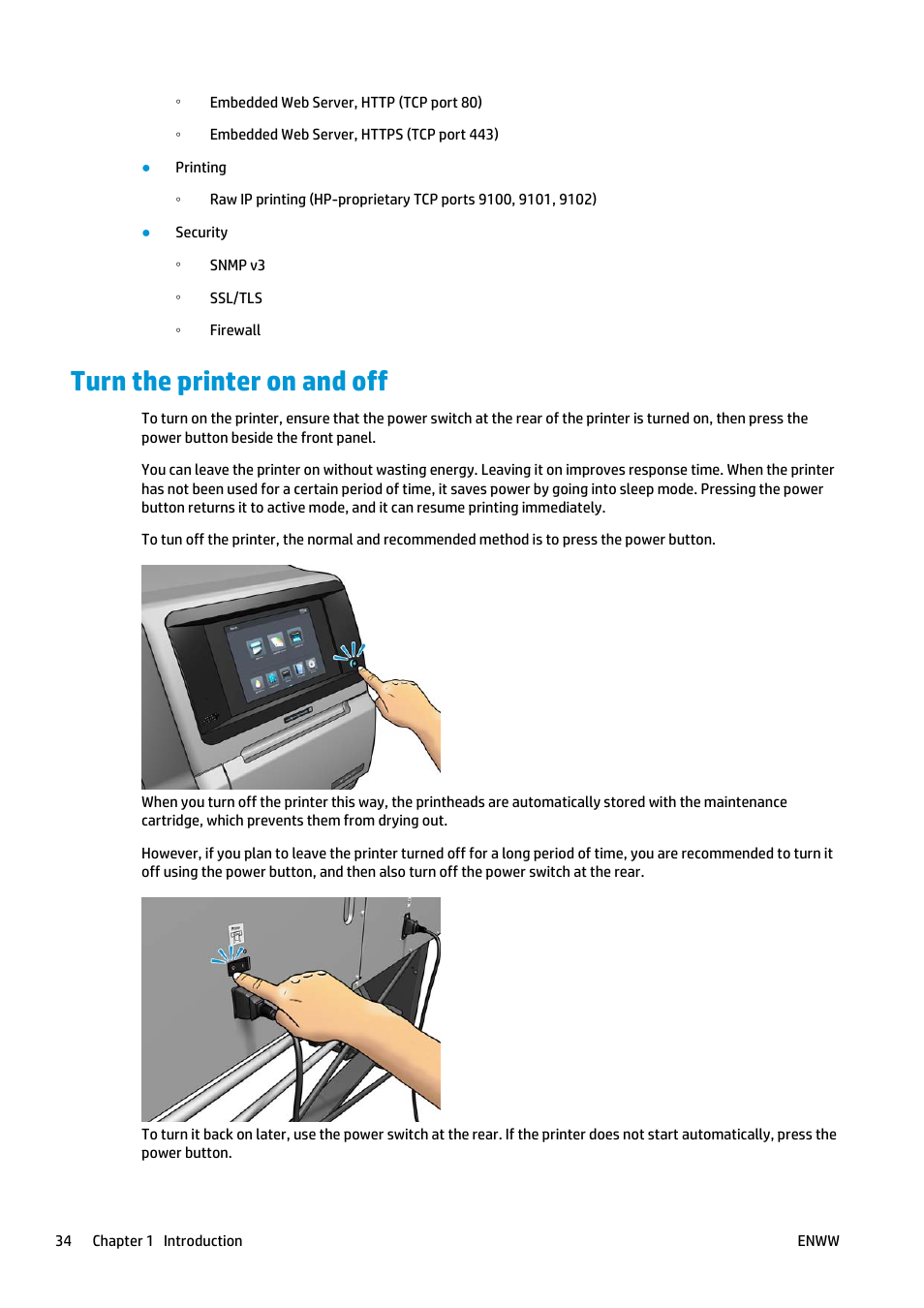 Turn the printer on and off | HP Latex 360 Printer User Manual | Page 40 / 184