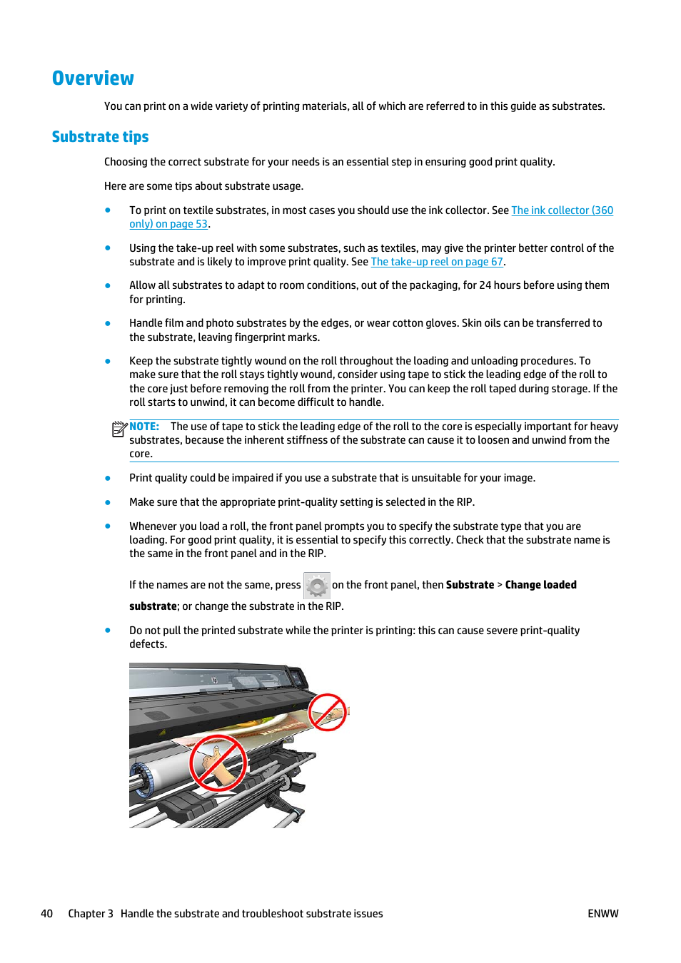 Overview, Substrate tips | HP Latex 360 Printer User Manual | Page 46 / 184