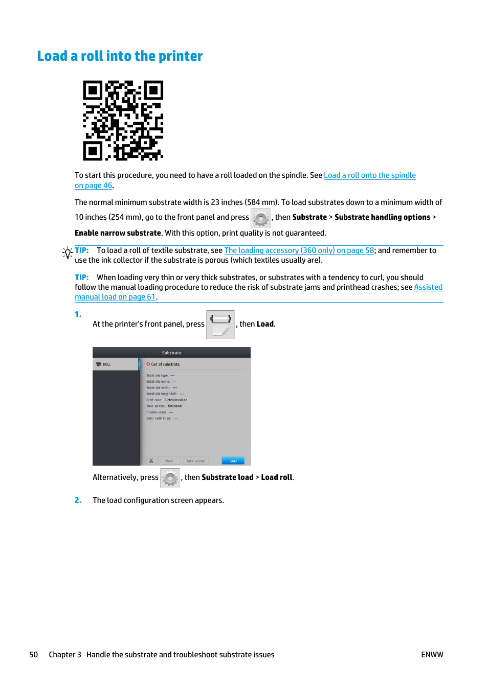 Load a roll into the printer | HP Latex 360 Printer User Manual | Page 56 / 184