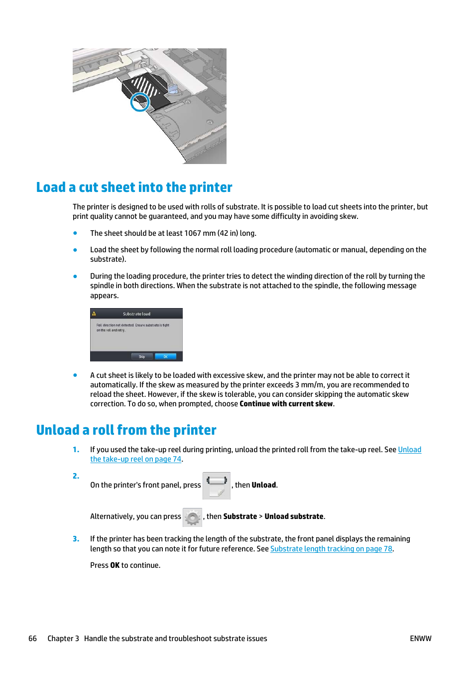 Load a cut sheet into the printer, Unload a roll from the printer | HP Latex 360 Printer User Manual | Page 72 / 184