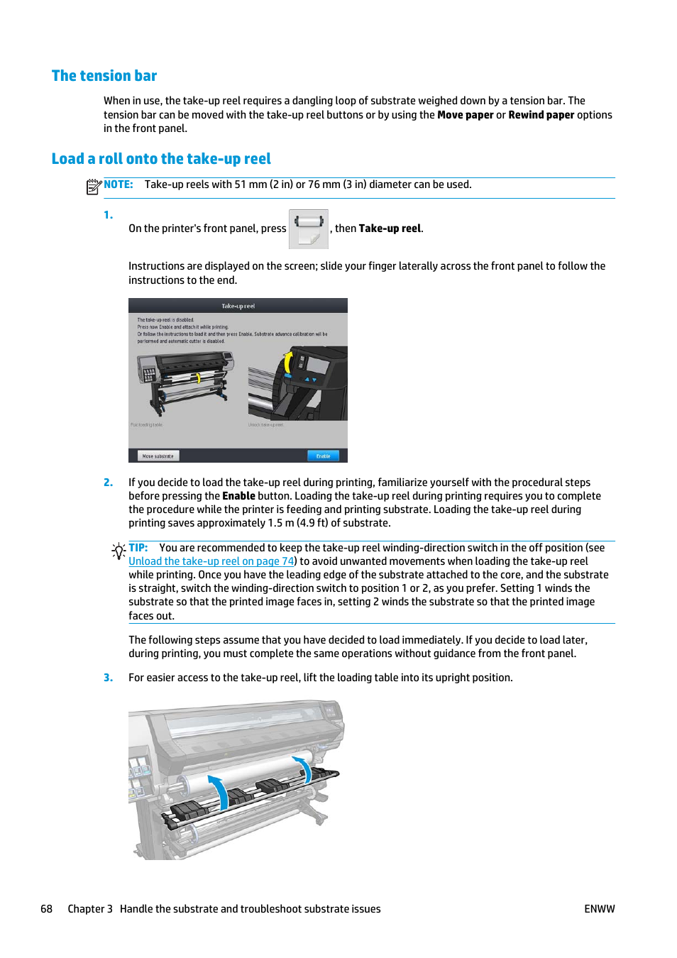 The tension bar, Load a roll onto the take-up reel | HP Latex 360 Printer User Manual | Page 74 / 184