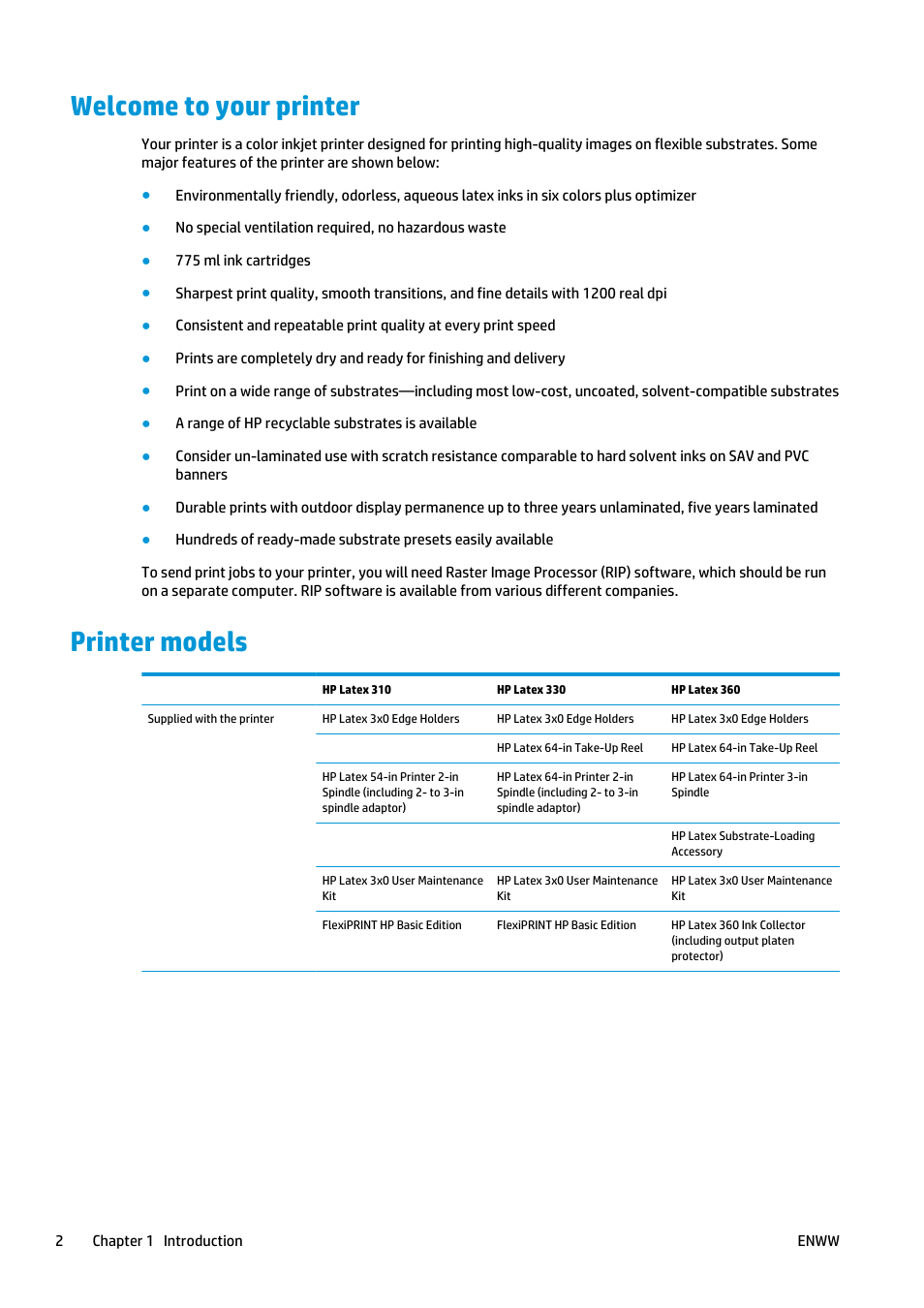 Welcome to your printer, Printer models, Welcome to your printer printer models | HP Latex 360 Printer User Manual | Page 8 / 184