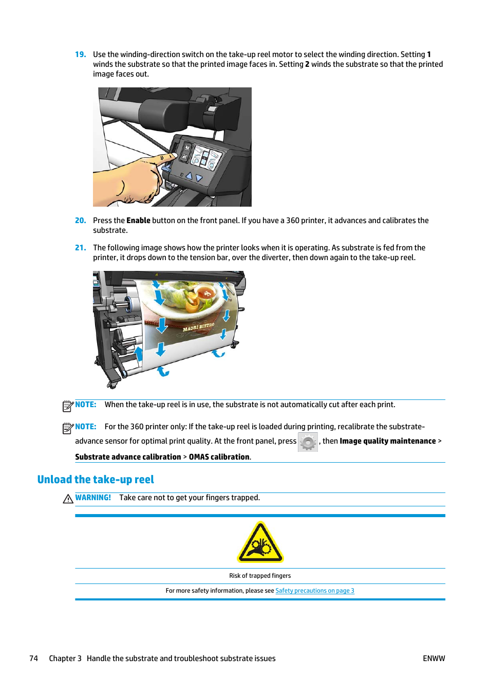 Unload the take-up reel, Unload | HP Latex 360 Printer User Manual | Page 80 / 184