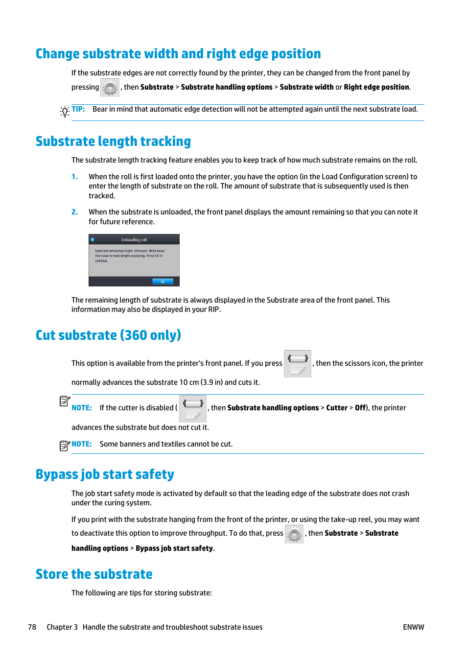 Change substrate width and right edge position, Substrate length tracking, Cut substrate (360 only) | Bypass job start safety, Store the substrate | HP Latex 360 Printer User Manual | Page 84 / 184