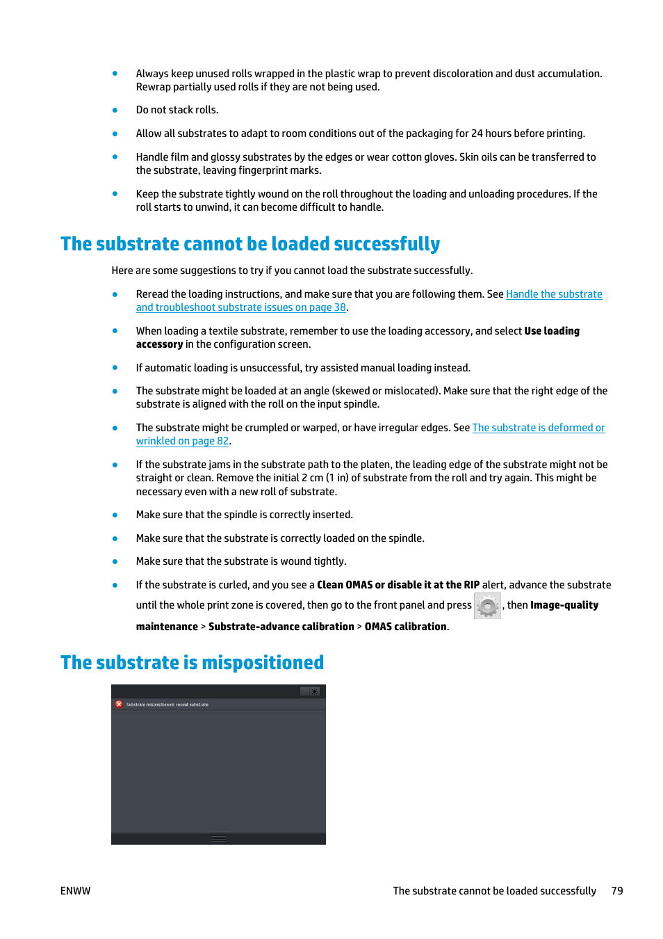 The substrate cannot be loaded successfully, The substrate is mispositioned | HP Latex 360 Printer User Manual | Page 85 / 184
