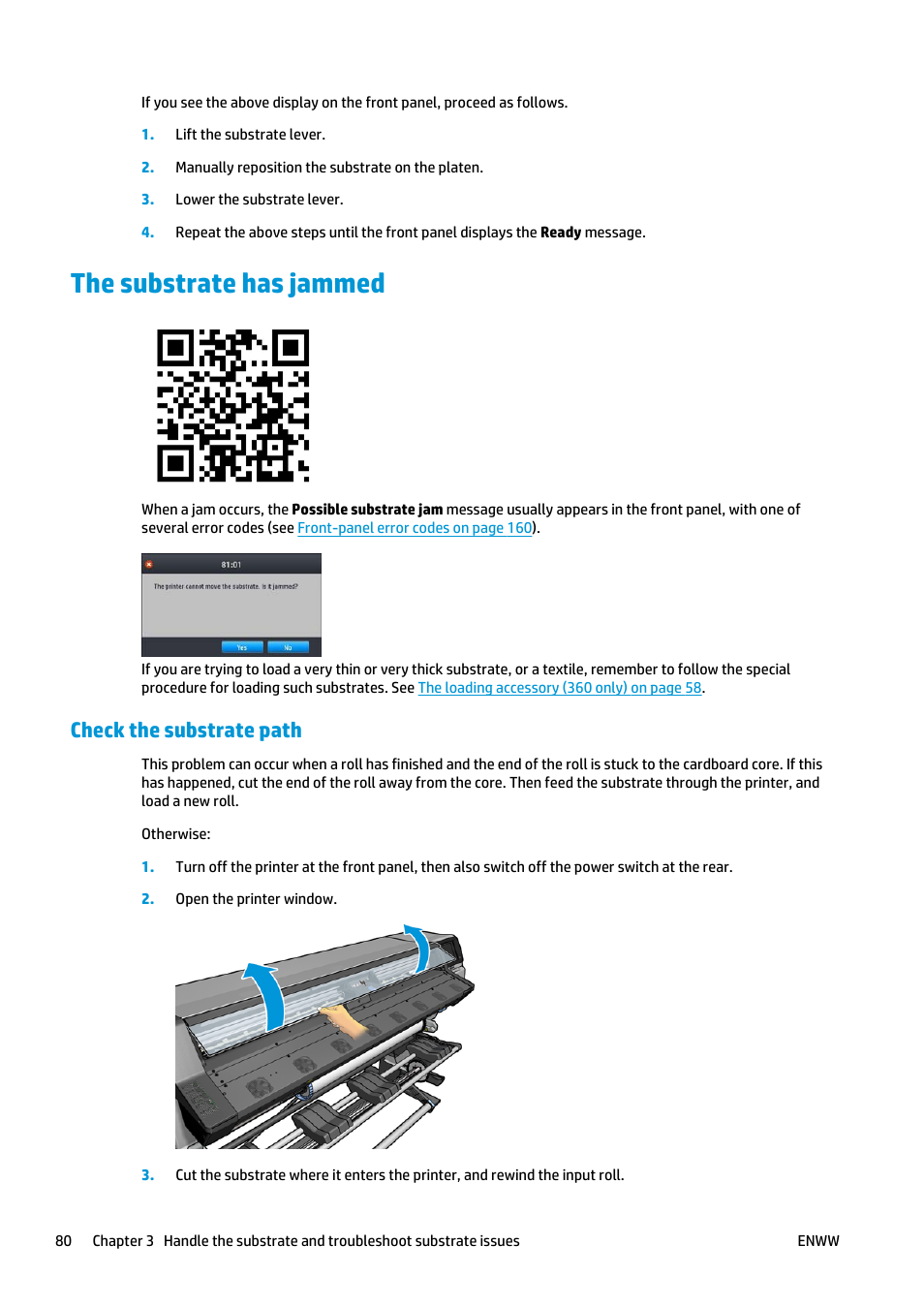 The substrate has jammed, Check the substrate path | HP Latex 360 Printer User Manual | Page 86 / 184