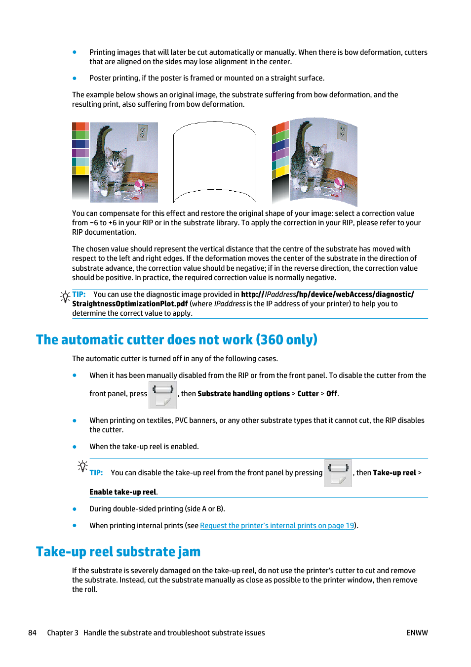 The automatic cutter does not work (360 only), Take-up reel substrate jam | HP Latex 360 Printer User Manual | Page 90 / 184