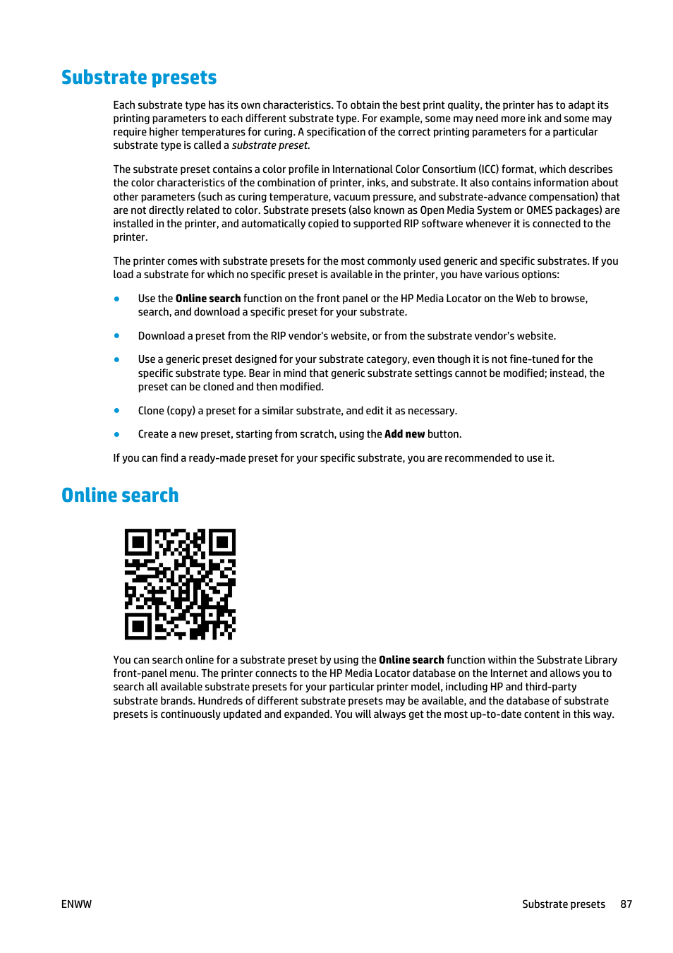 Substrate presets, Online search, Substrate presets online search | HP Latex 360 Printer User Manual | Page 93 / 184