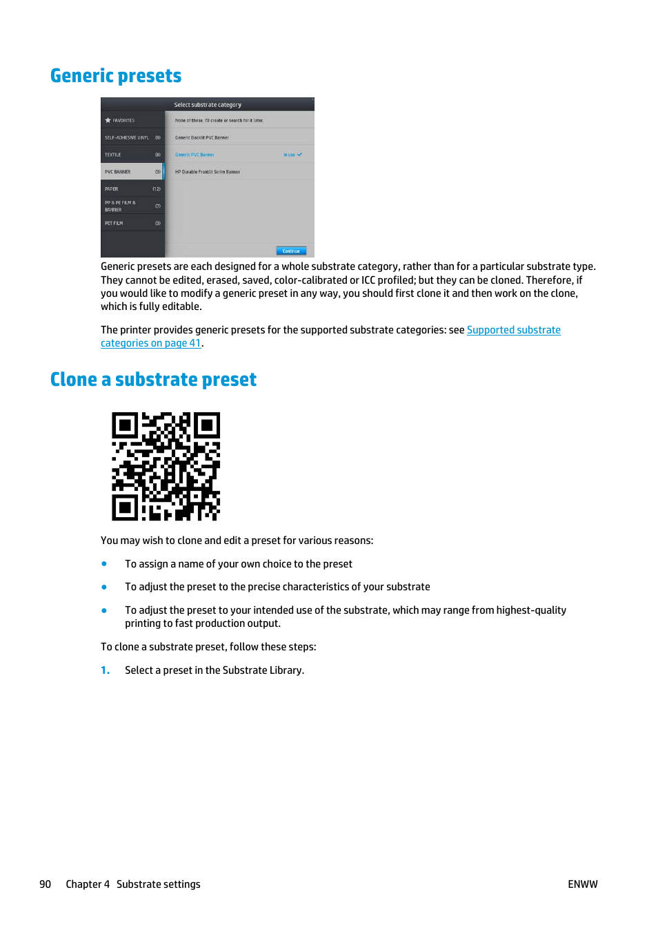 Generic presets, Clone a substrate preset, Generic presets clone a substrate preset | HP Latex 360 Printer User Manual | Page 96 / 184