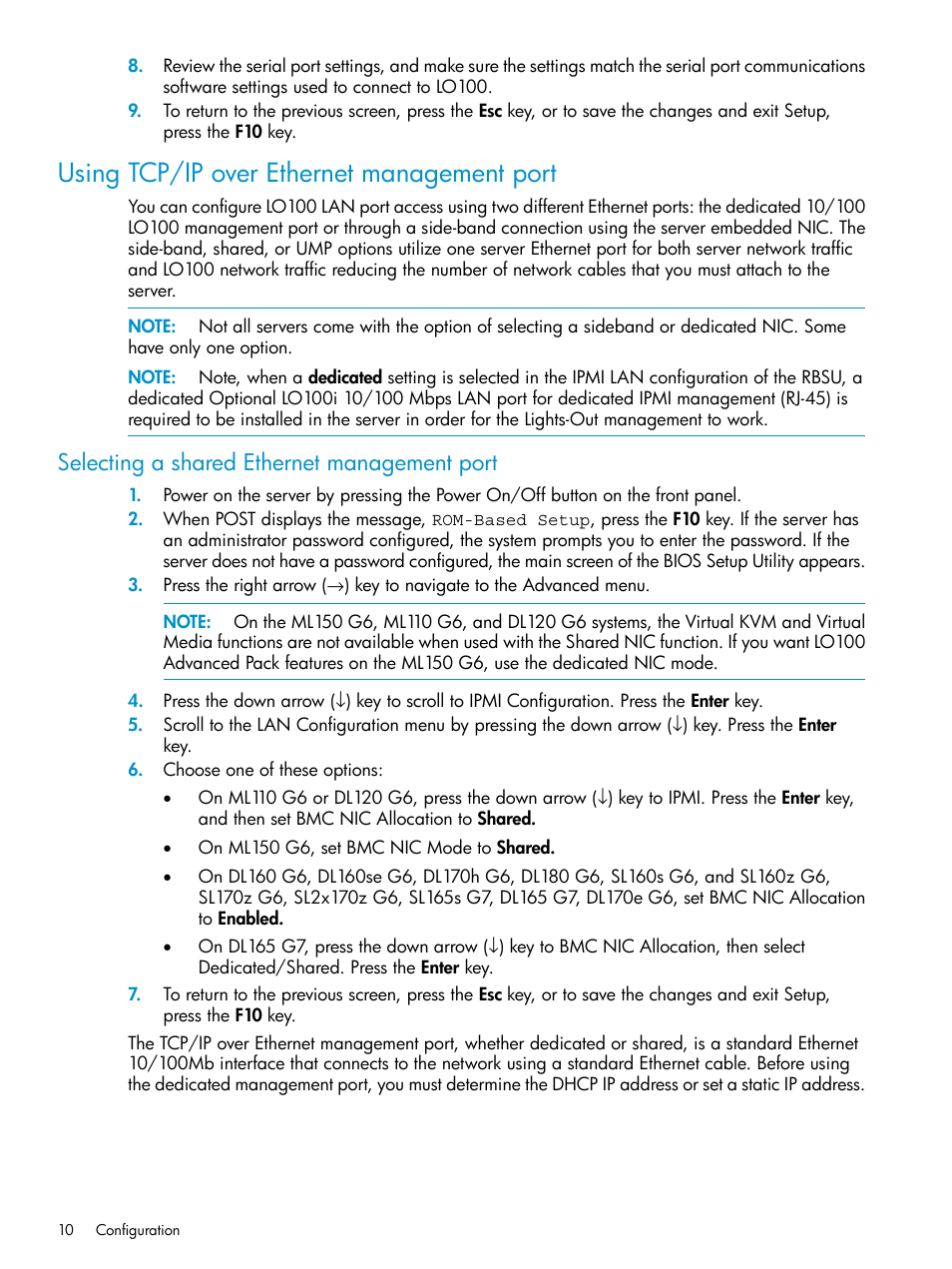 Using tcp/ip over ethernet management port, Selecting a shared ethernet management port | HP ProLiant SL2x170z G6 Server User Manual | Page 10 / 60