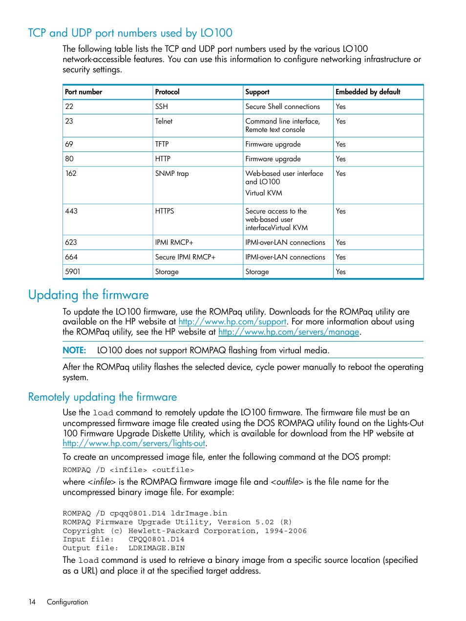 Tcp and udp port numbers used by lo100, Updating the firmware, Remotely updating the firmware | HP ProLiant SL2x170z G6 Server User Manual | Page 14 / 60