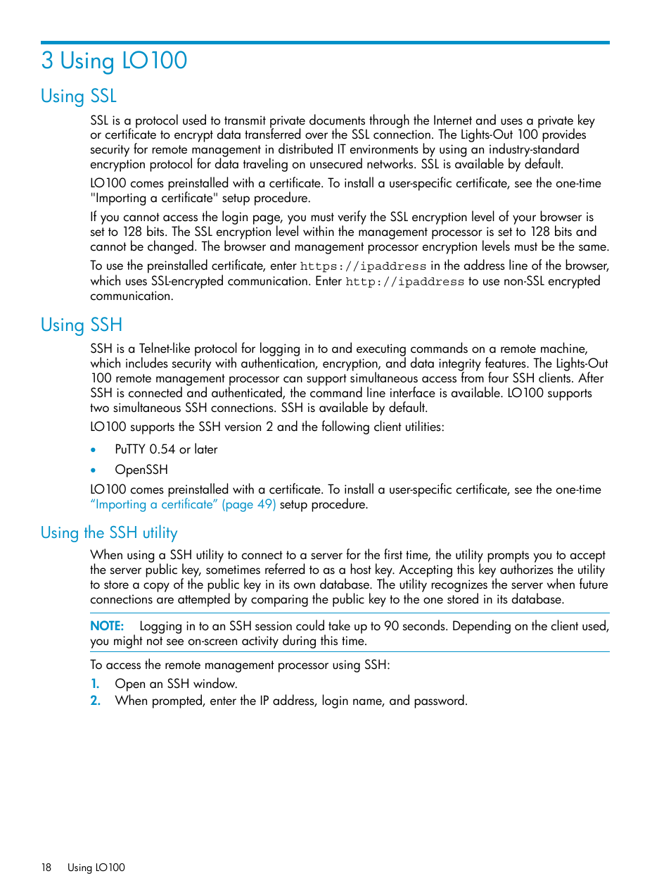 3 using lo100, Using ssl, Using ssh | Using the ssh utility, Using ssl using ssh | HP ProLiant SL2x170z G6 Server User Manual | Page 18 / 60
