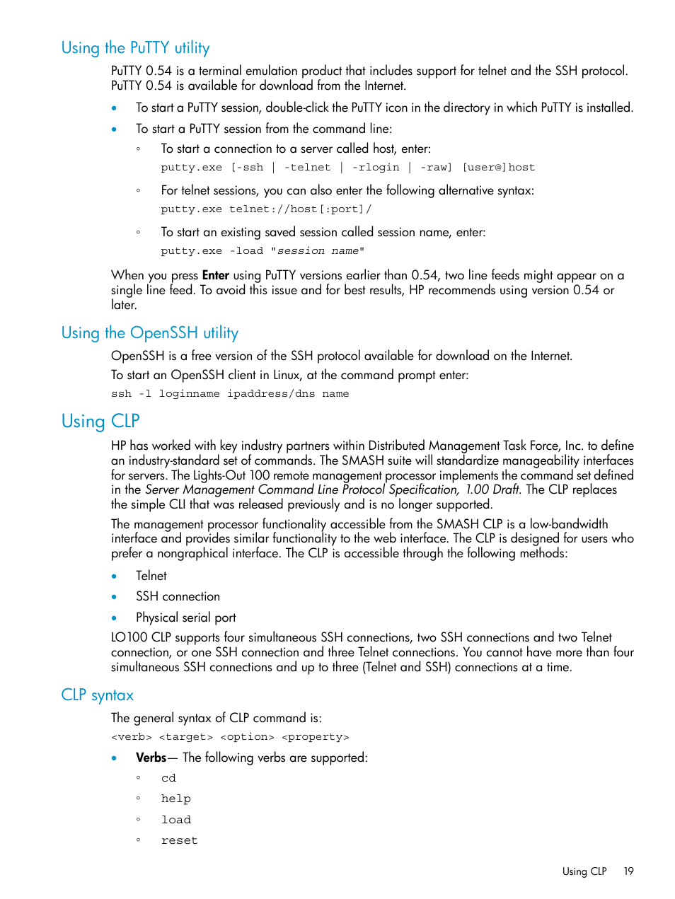 Using the putty utility, Using the openssh utility, Using clp | Clp syntax, Using the putty utility using the openssh utility | HP ProLiant SL2x170z G6 Server User Manual | Page 19 / 60