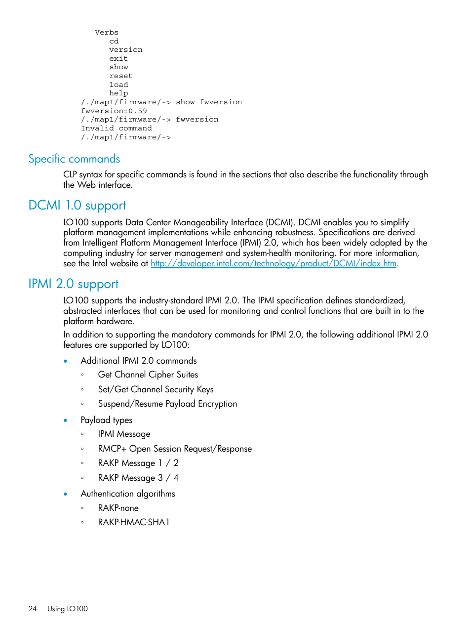 Specific commands, Dcmi 1.0 support, Ipmi 2.0 support | Dcmi 1.0 support ipmi 2.0 support | HP ProLiant SL2x170z G6 Server User Manual | Page 24 / 60