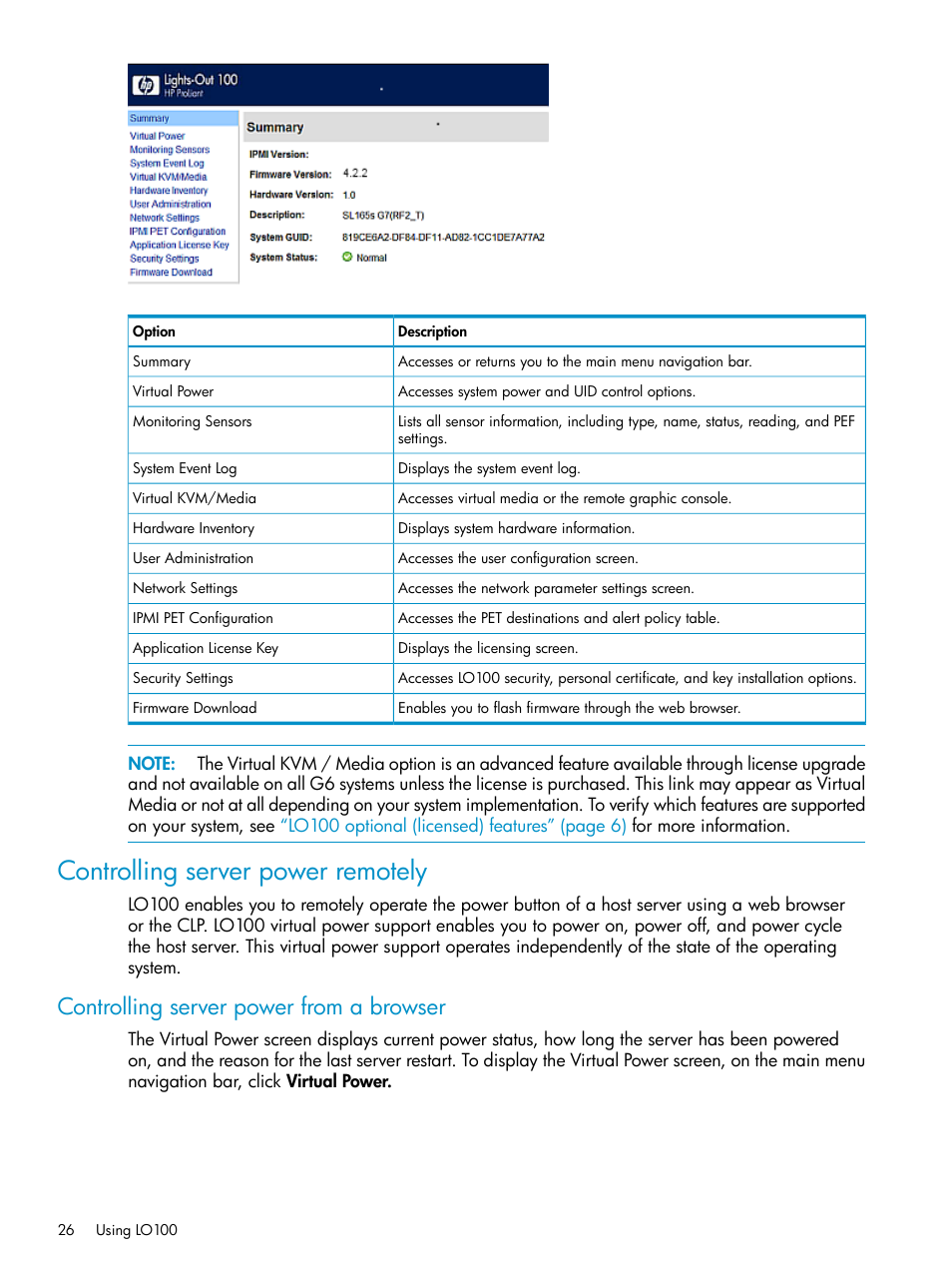 Controlling server power remotely, Controlling server power from a browser | HP ProLiant SL2x170z G6 Server User Manual | Page 26 / 60