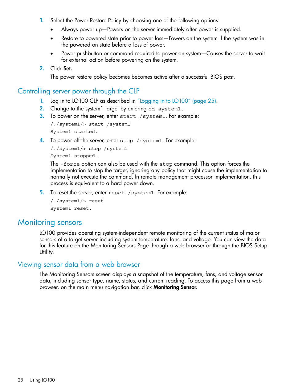 Controlling server power through the clp, Monitoring sensors, Viewing sensor data from a web browser | HP ProLiant SL2x170z G6 Server User Manual | Page 28 / 60