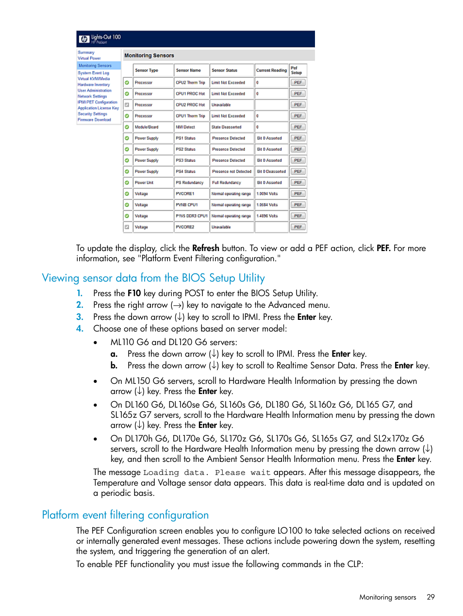 Viewing sensor data from the bios setup utility, Platform event filtering configuration | HP ProLiant SL2x170z G6 Server User Manual | Page 29 / 60