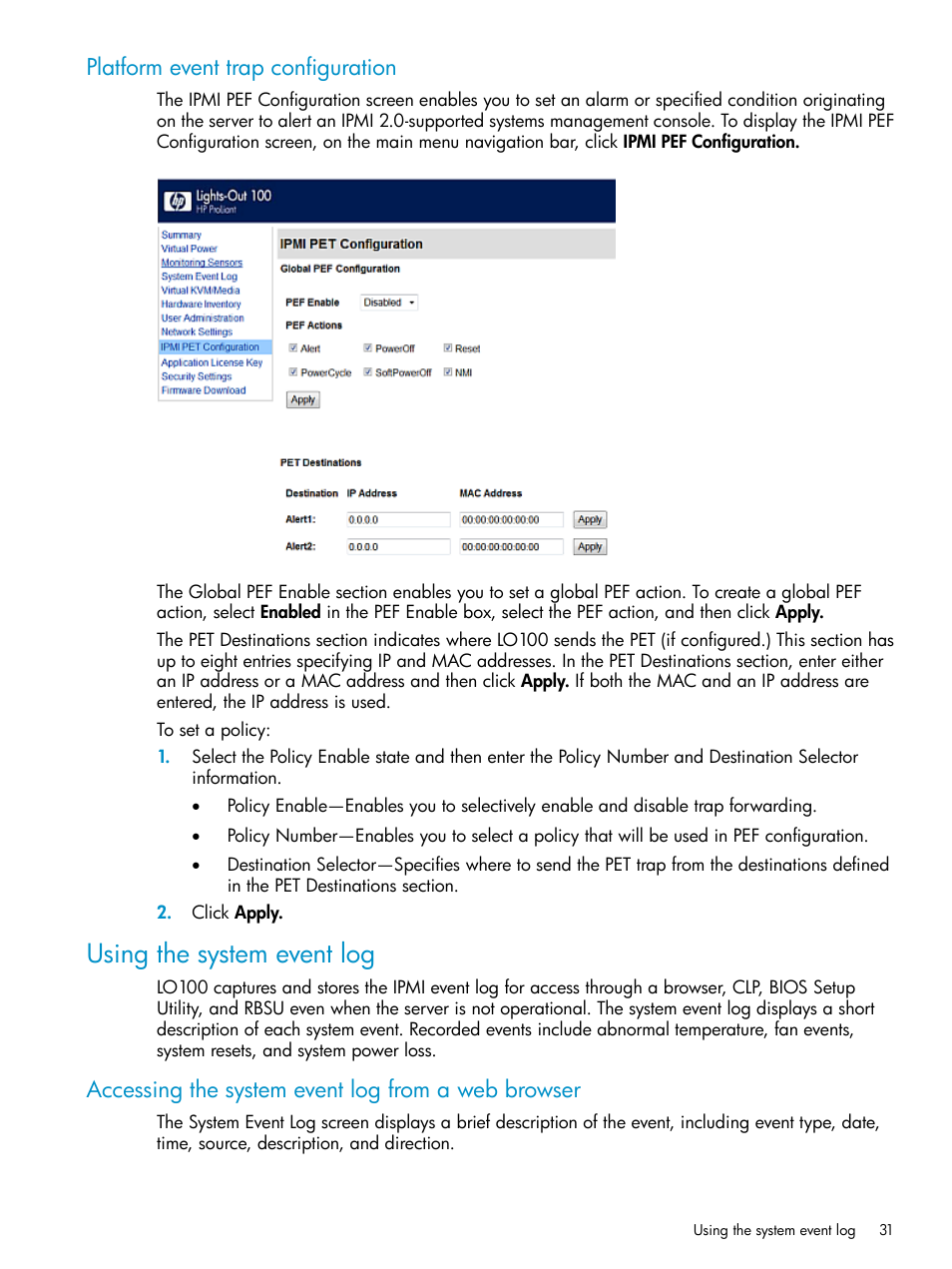 Platform event trap configuration, Using the system event log, Accessing the system event log from a web browser | HP ProLiant SL2x170z G6 Server User Manual | Page 31 / 60