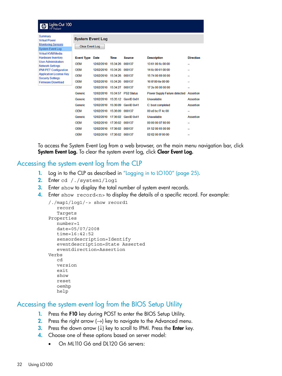 Accessing the system event log from the clp | HP ProLiant SL2x170z G6 Server User Manual | Page 32 / 60