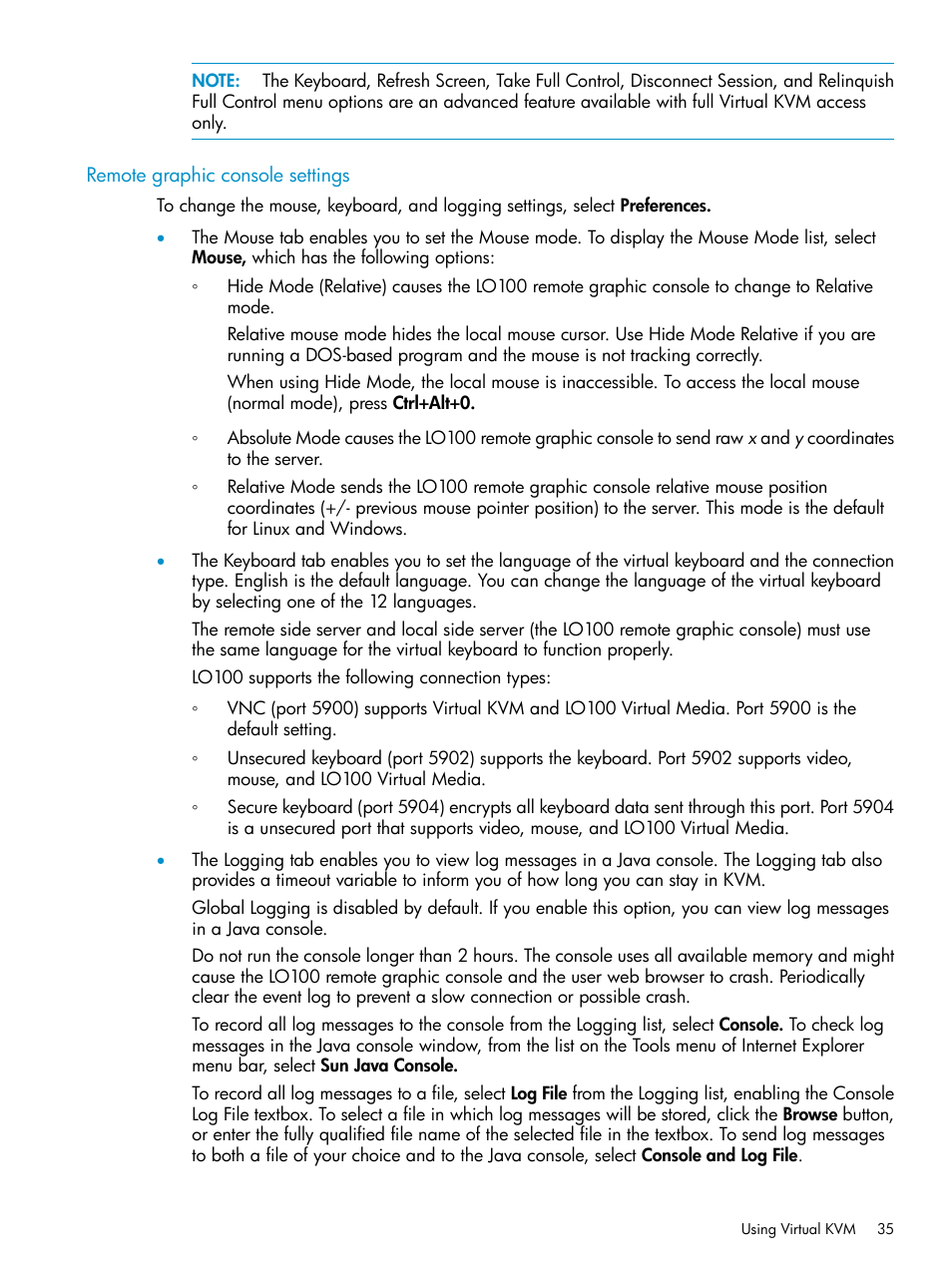 Remote graphic console settings | HP ProLiant SL2x170z G6 Server User Manual | Page 35 / 60
