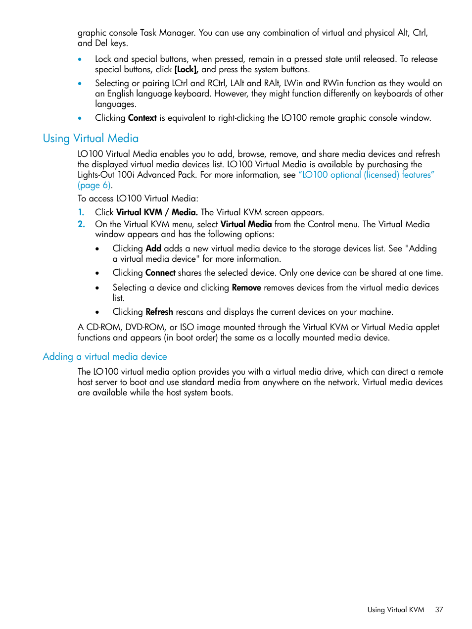Using virtual media, Adding a virtual media device, Using virtual | HP ProLiant SL2x170z G6 Server User Manual | Page 37 / 60