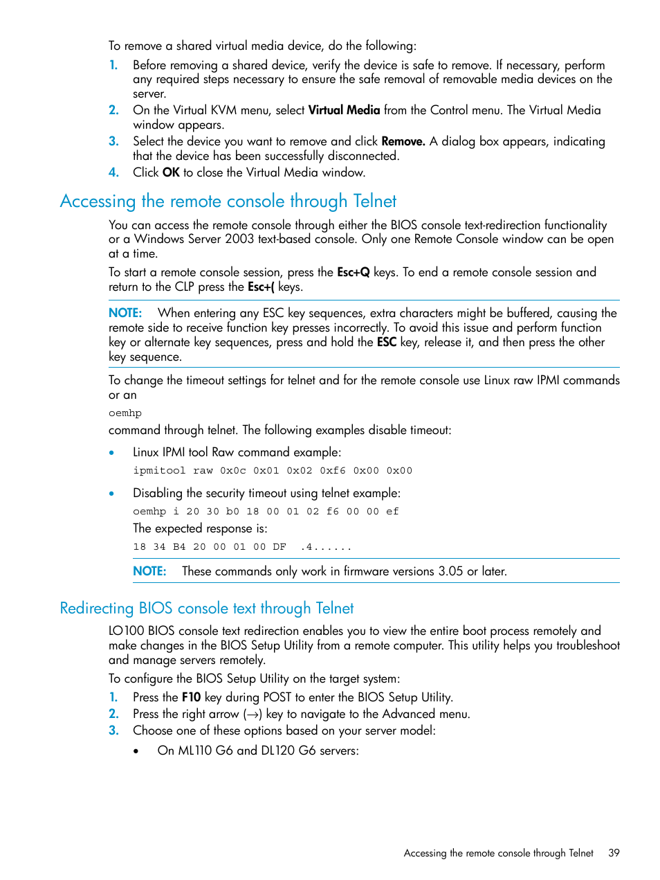 Accessing the remote console through telnet, Redirecting bios console text through telnet | HP ProLiant SL2x170z G6 Server User Manual | Page 39 / 60