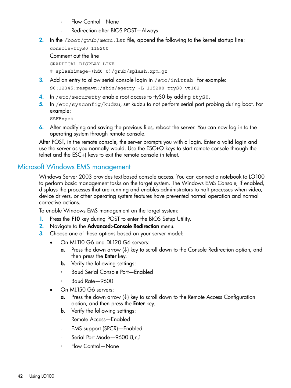 Microsoft windows ems management | HP ProLiant SL2x170z G6 Server User Manual | Page 42 / 60