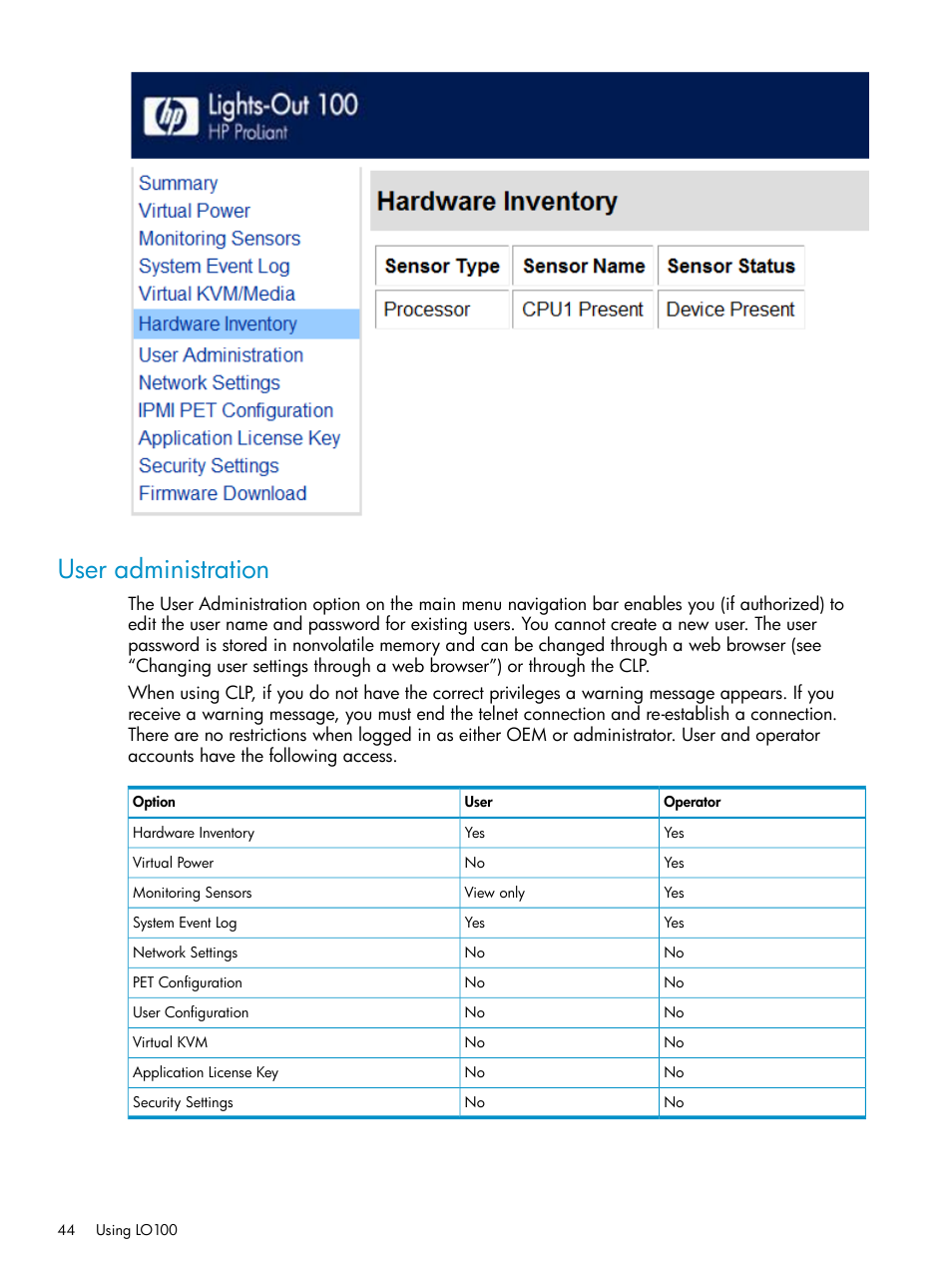 User administration | HP ProLiant SL2x170z G6 Server User Manual | Page 44 / 60
