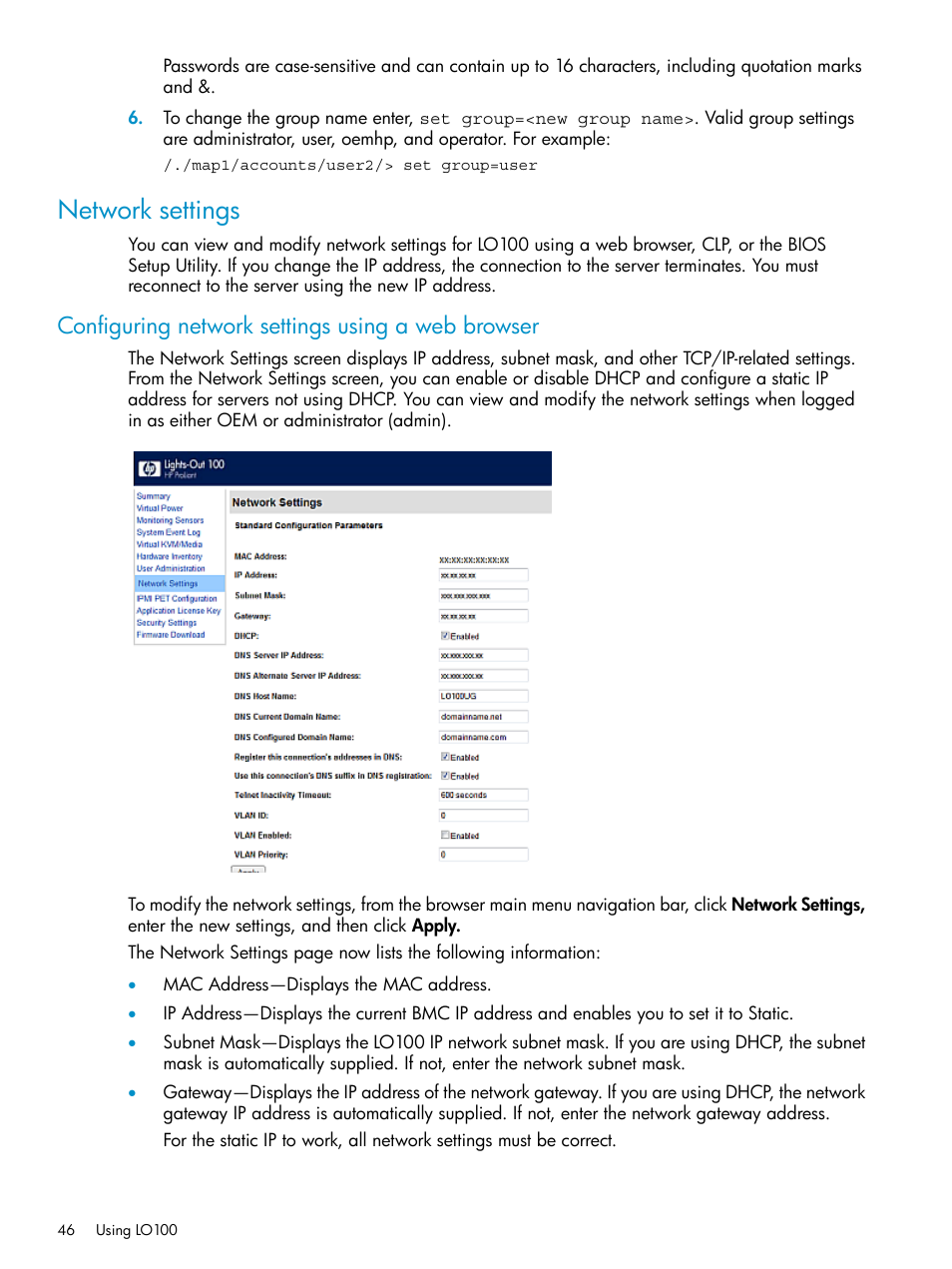 Network settings, Configuring network settings using a web browser | HP ProLiant SL2x170z G6 Server User Manual | Page 46 / 60