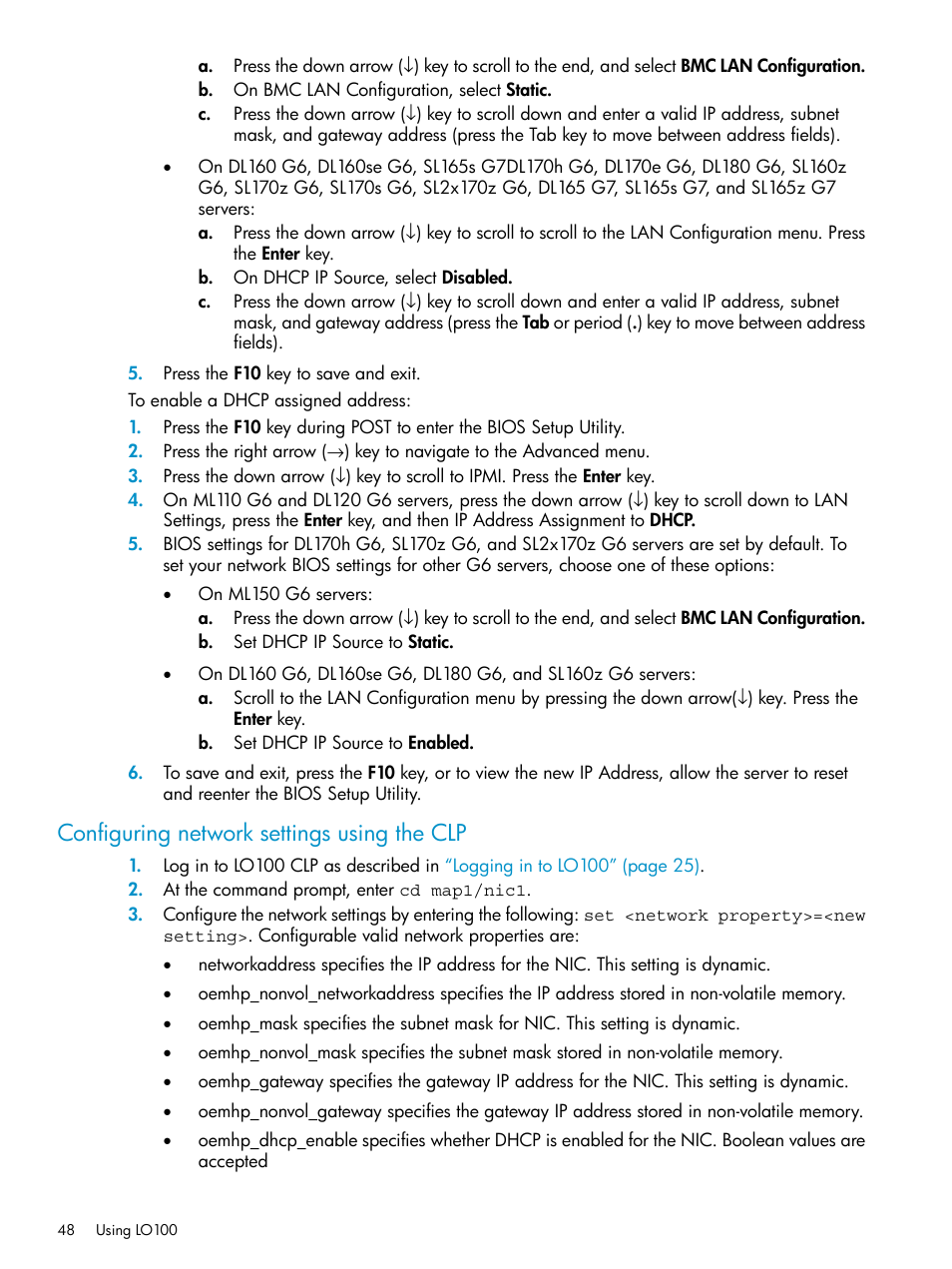 Configuring network settings using the clp | HP ProLiant SL2x170z G6 Server User Manual | Page 48 / 60