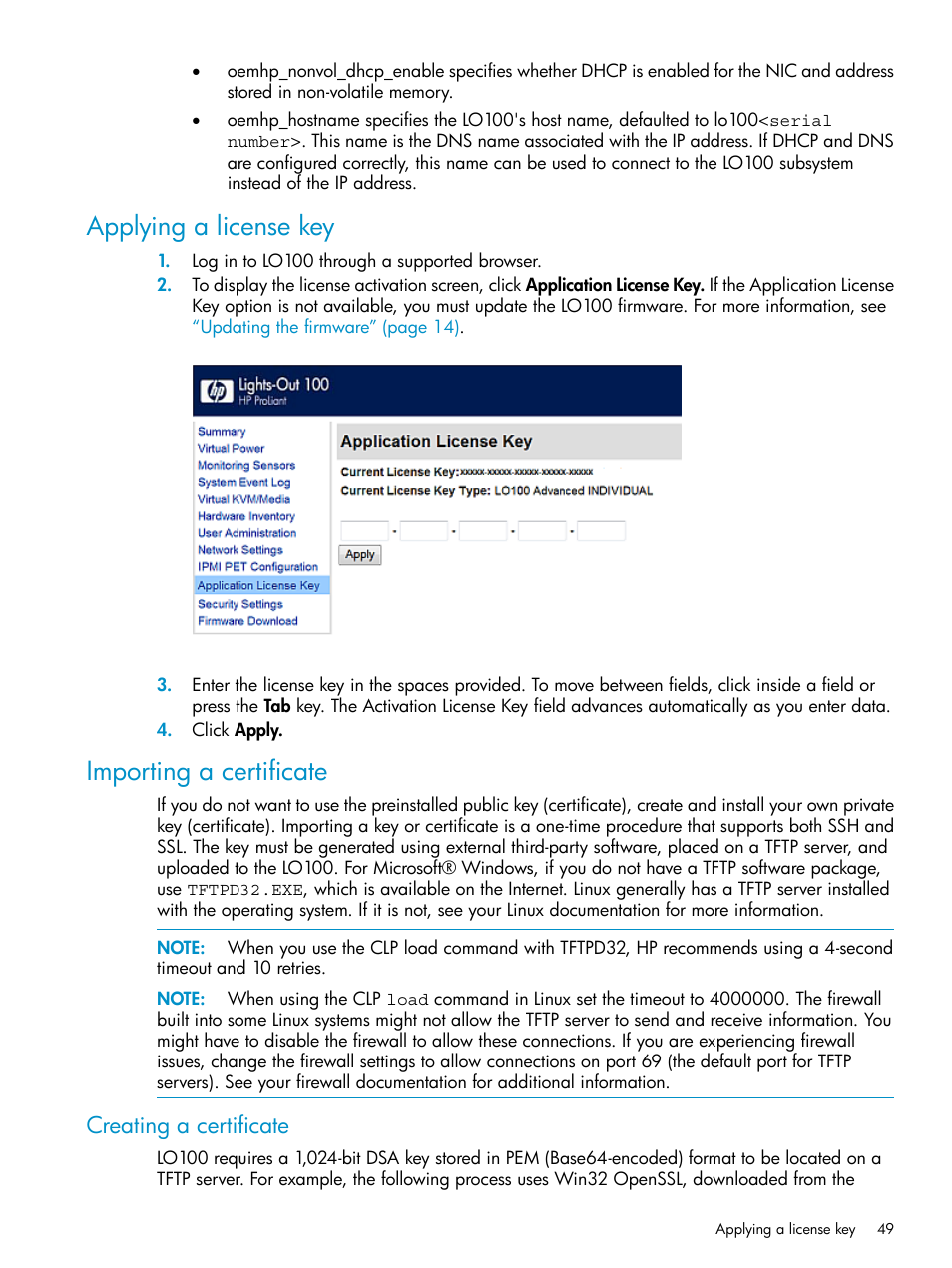 Applying a license key, Importing a certificate, Creating a certificate | Applying a license key importing a certificate | HP ProLiant SL2x170z G6 Server User Manual | Page 49 / 60
