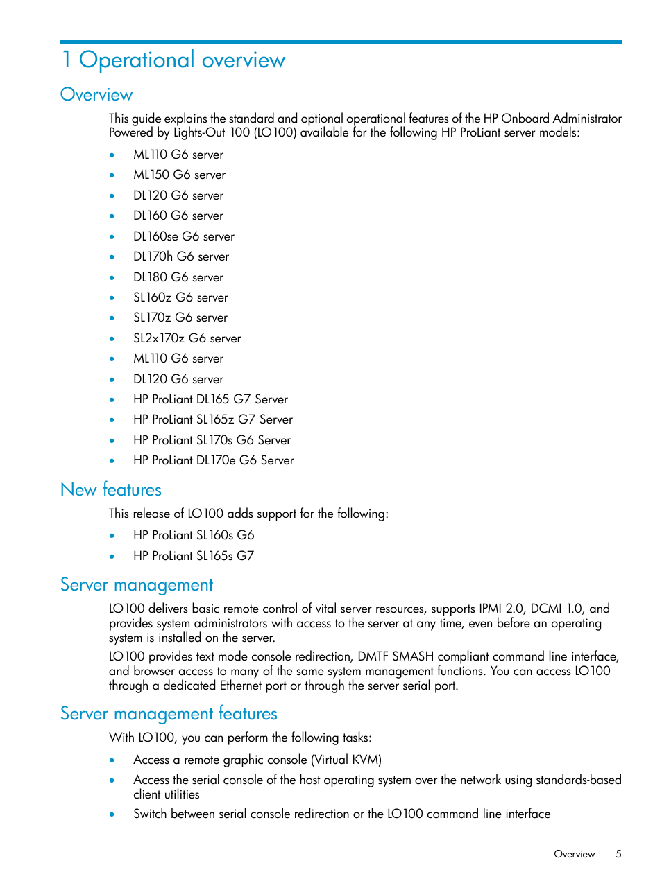 1 operational overview, Overview, New features | Server management, Server management features | HP ProLiant SL2x170z G6 Server User Manual | Page 5 / 60