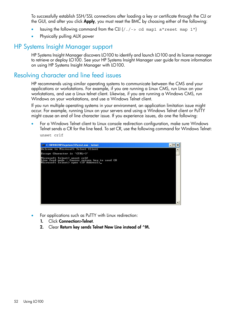 Hp systems insight manager support, Resolving character and line feed issues | HP ProLiant SL2x170z G6 Server User Manual | Page 52 / 60