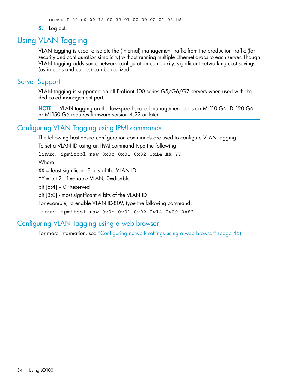 Using vlan tagging, Server support, Configuring vlan tagging using ipmi commands | Configuring vlan tagging using a web browser | HP ProLiant SL2x170z G6 Server User Manual | Page 54 / 60