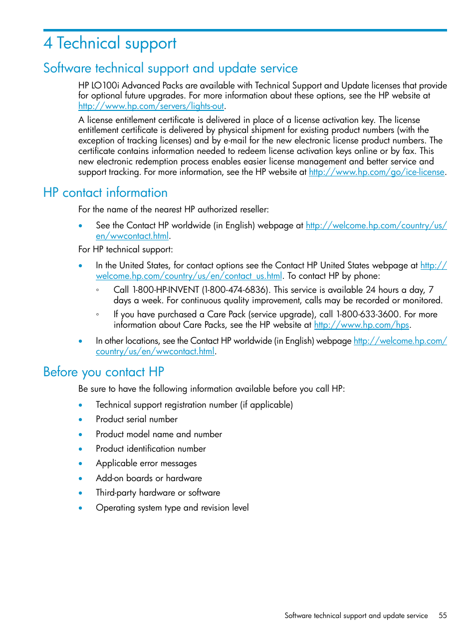 4 technical support, Software technical support and update service, Hp contact information | Before you contact hp | HP ProLiant SL2x170z G6 Server User Manual | Page 55 / 60