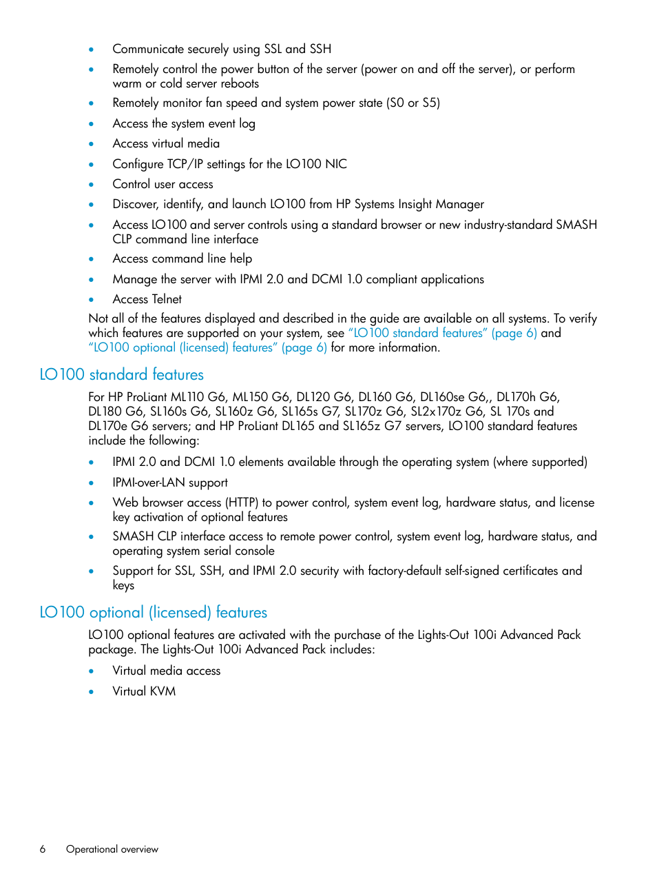 Lo100 standard features, Lo100 optional (licensed) features | HP ProLiant SL2x170z G6 Server User Manual | Page 6 / 60