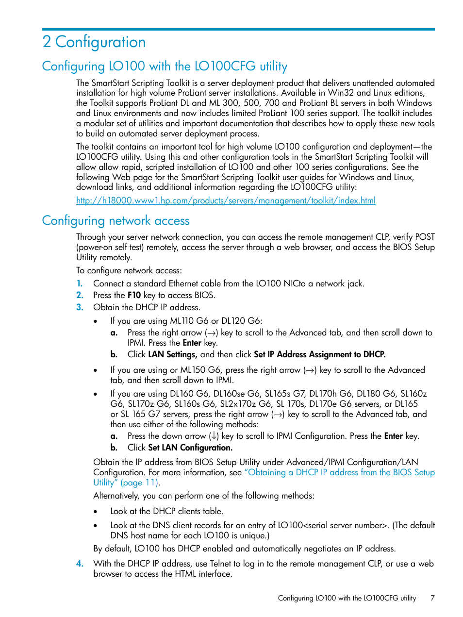 2 configuration, Configuring lo100 with the lo100cfg utility, Configuring network access | HP ProLiant SL2x170z G6 Server User Manual | Page 7 / 60