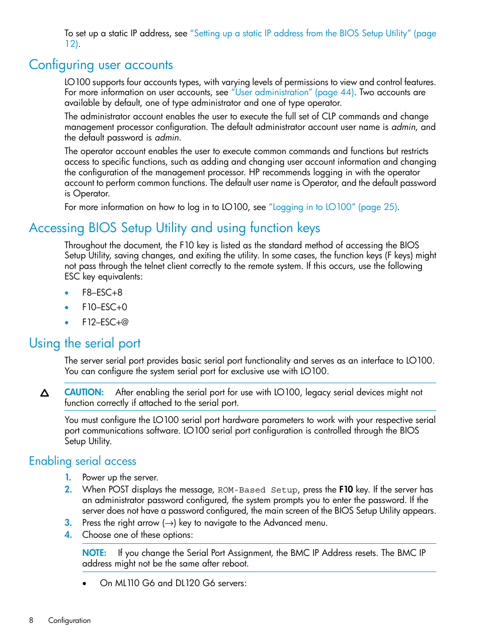 Configuring user accounts, Using the serial port, Enabling serial access | HP ProLiant SL2x170z G6 Server User Manual | Page 8 / 60