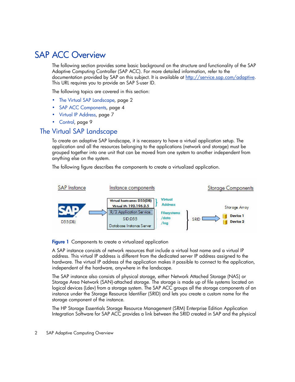 Sap acc overview, The virtual sap landscape, 1 components to create a virtualized application | HP Storage Essentials Enterprise Edition Software User Manual | Page 14 / 66